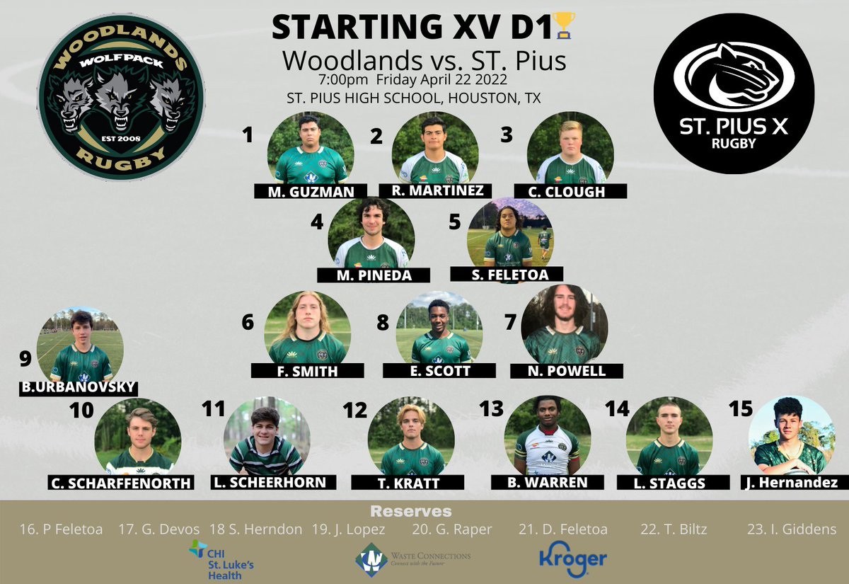 Big game tonight vs. St. Pius! Let's go! 
<a href="/rugby_woodlands/">Woodlands Rugby Youth Club</a> <a href="/WOLsports/">Woodlands Online Sports</a> <a href="/ConroeSports/">The Courier Sports</a> <a href="/tommy_kratt/">Tommy Kratt</a> <a href="/BradleyWarren98/">Bradley Warren</a> <a href="/ethanscott50/">Ethan Scott</a> <a href="/FionnSmith8/">Fionn Smith</a> <a href="/SteeleHerndon/">Steele Herndon</a> <a href="/LucasStaggs3/">Lucas Staggs</a>