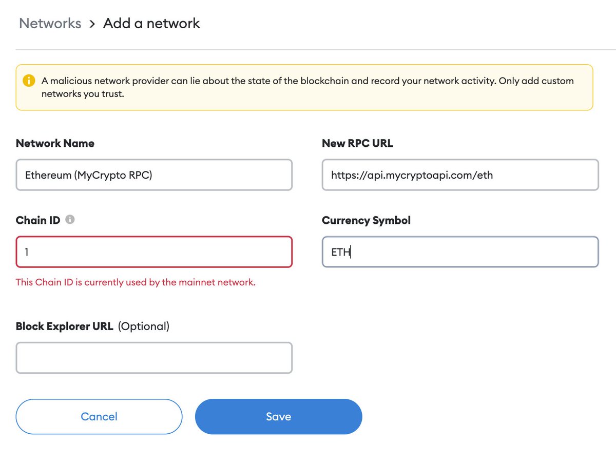 MetaMask's tweet photo. @infura_io @dcinvestor When you go to add another Mainnet RPC endpoint, you may see a message stating that the Chain ID is already in use by the Mainnet network. 

Since you do in fact want to add a new Mainnet network, click “Save” and it will work. https://t.co/NkQDvSz3Iy