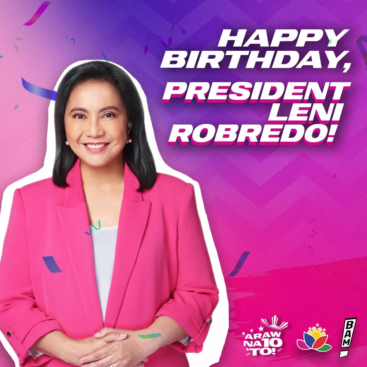 bamaquino's tweet image. MALIGAYANG KAARAWAN, PRESIDENT LENI ROBREDO! 🎉🇵🇭🌸

Kitakits sa ating National House-to-House Campaign sa umaga at sa ating People’s Rally at Street Party sa Macapagal Ave., Pasay sa hapon!

#ArawNa10To
#HBDPresidentLeni
#TaoSaTaoParaKayRobredo 
#IpanaloNa10ParaSaLahat