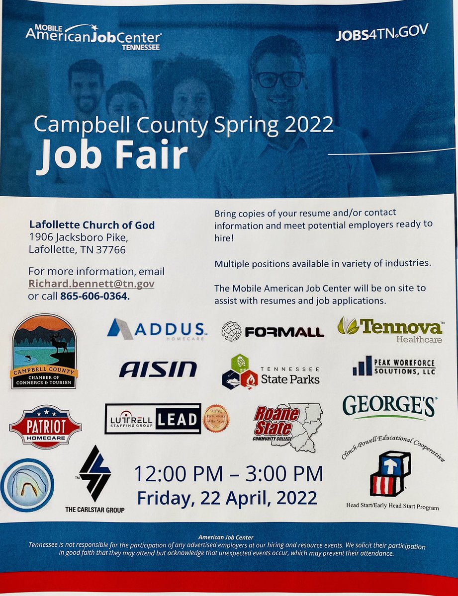 CCChamberTN's tweet photo. Announcing job opportunities today! 😊 
The Campbell County Spring 2022 Job Fair is happening today Friday April 22 - 12p-3p at the LaFollette Church of God. 
📍1906 Jacksboro Pike, LaFollette, TN 37766
⏰ 12p-3p https://t.co/BRZRN9H6gi
