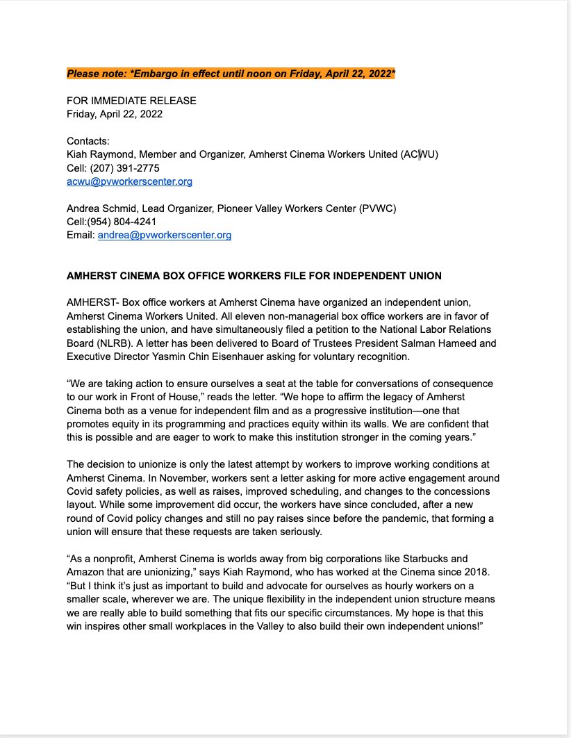 ACWorkersUnited's tweet photo. We, the floor staff of Amherst Cinema, have formed an independent union, Amherst Cinema Workers United (ACWU). We ask community members and groups to call and email Amherst Cinema and ask that management provide voluntary recognition of ACWU. https://t.co/FZIa95bOTJ