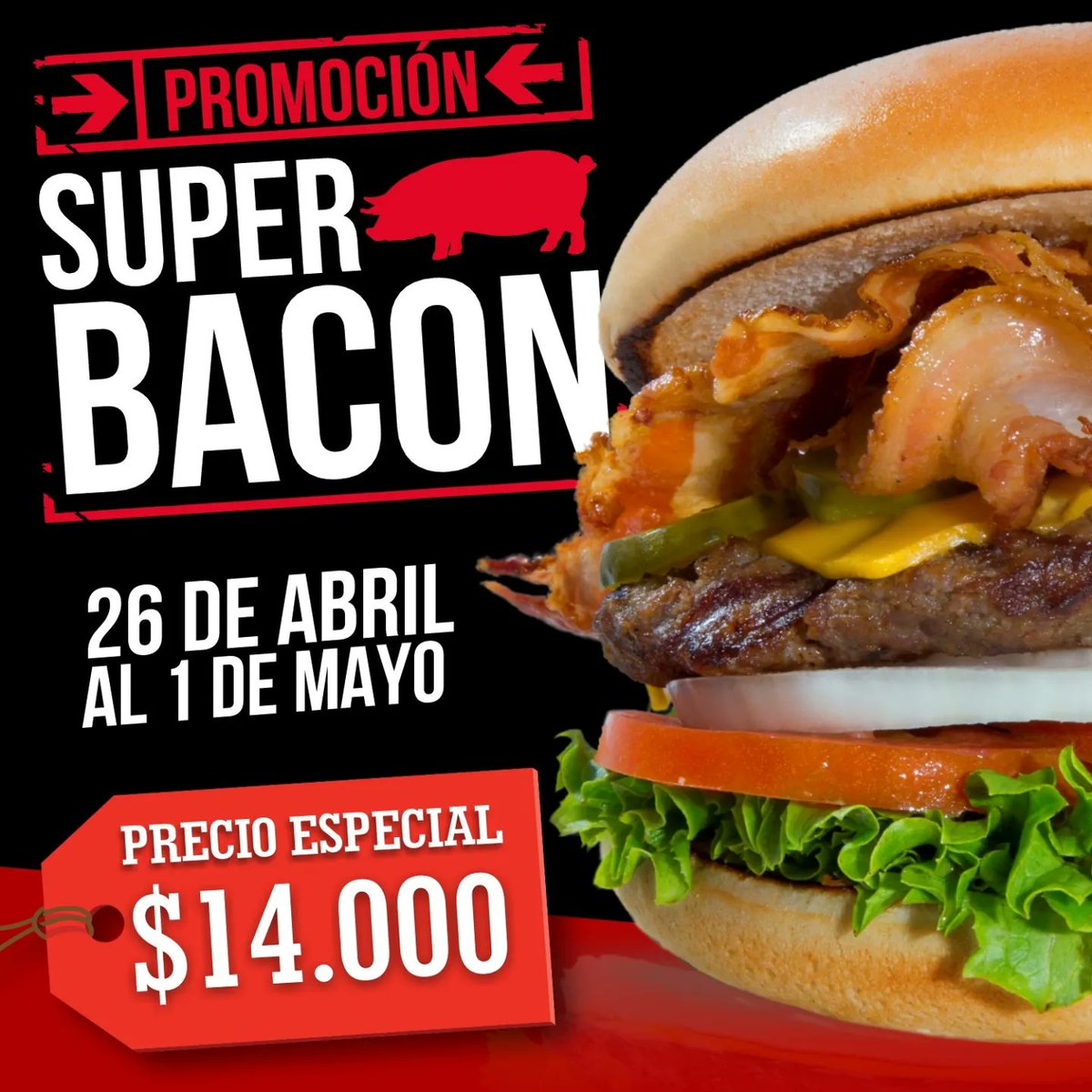 Súper Bacon 🥓🧀🥒 Promoción!!

Una de nuestras consentidas está de promo,
Hamburguesas Super Bacon.
150gr de nuestra exclusiva carne
Queso cheddar Americano
Pepinillos, FULL Tocineta y los vegetales más frescos! Solo $14.000
Del 26 de abril hasta el 1 de mayo del 2022
#cucuta