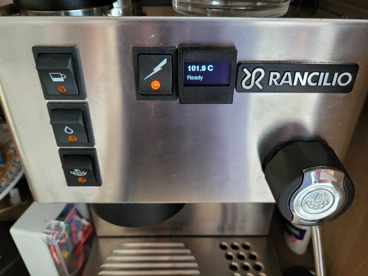 Next step in improving my Rancilio Silvia: I've put the OLED screen in a small 3D printed casing on the front of the machine and implemented simple on/off control using a relay switching the heater. Overshoot is about 10 deg, about 15 deg less than with the original thermostat.