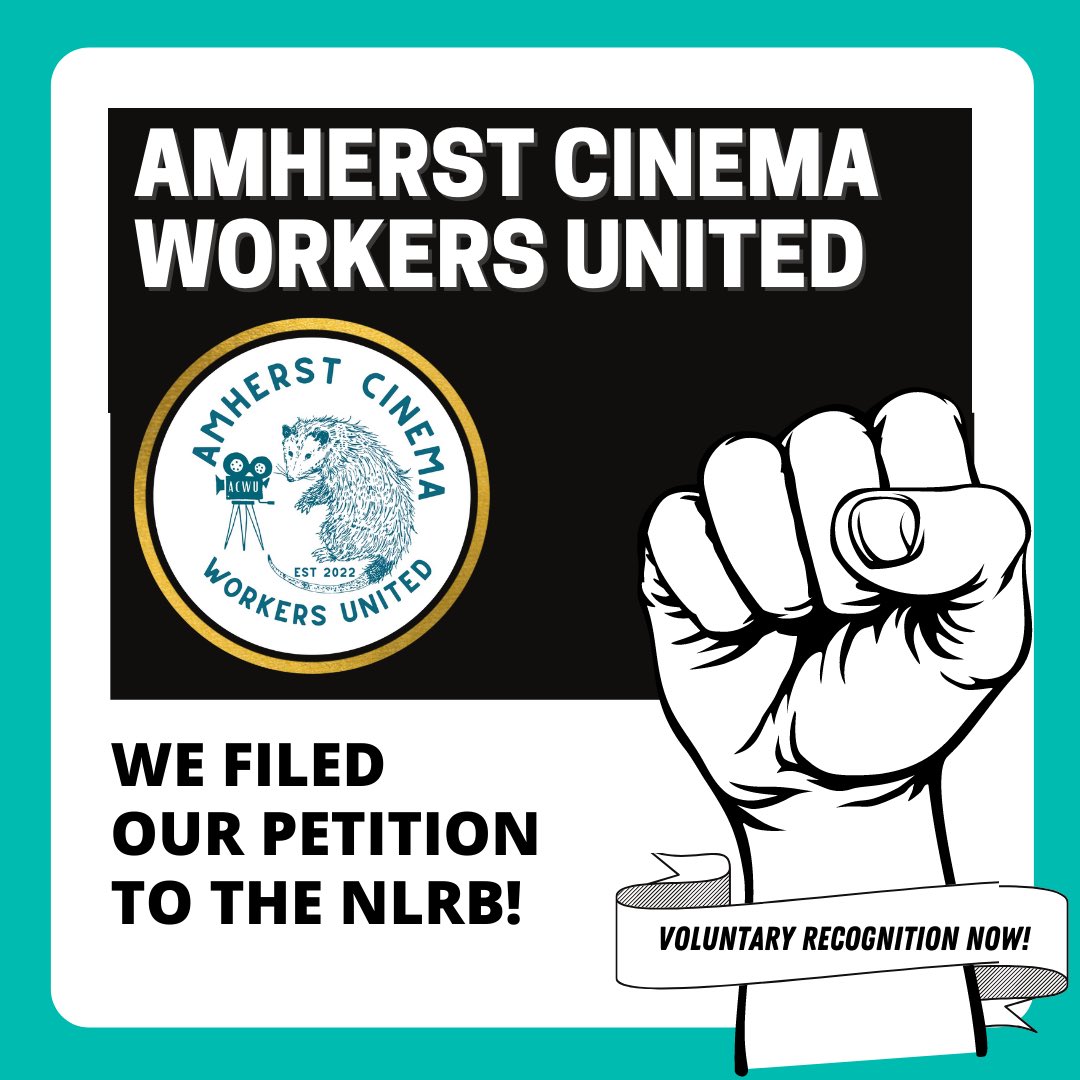 ACWorkersUnited's tweet photo. WE HAVE FILED OUR PETITION! Retweet, follow and share with your community! Voluntary Recognition Now! #UnionStrong #workerpower #nlrb #election #amherstcinemas https://t.co/WpwSYxVkfE
