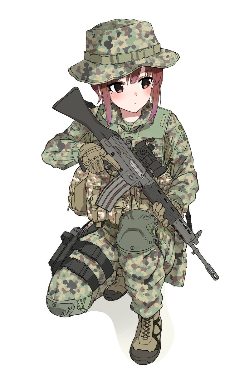 1girl weapon gun solo camouflage military rifle  illustration images