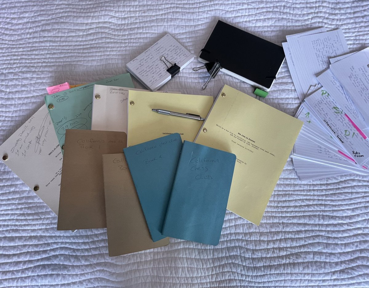 RobertNurmi's tweet image. These are the stages, of my first ever screen play. Hand written books, beat sheets, cards, rough drafts, revisions, and the Final draft. A photo of my last six months of bliss. #firstscript #writing #screenwriting