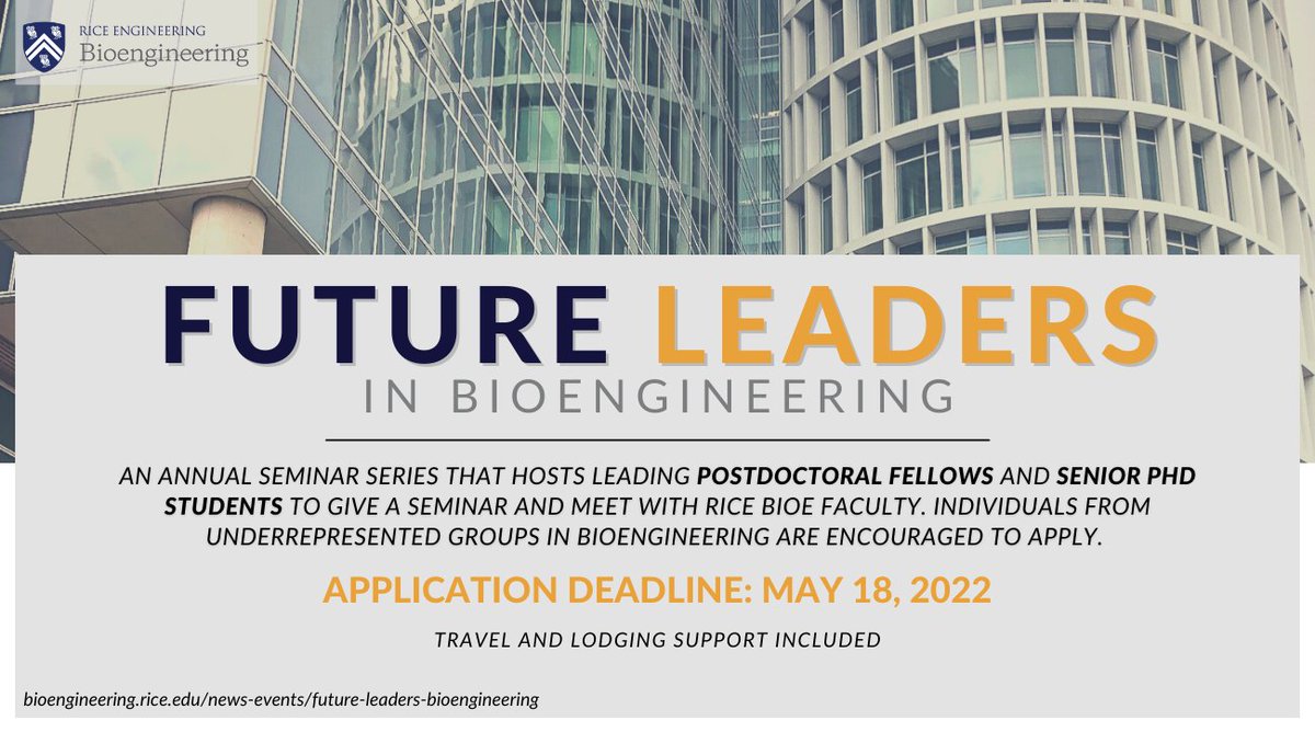 Rice_BIOE's tweet image. #RiceBIOE is looking for postdoctoral fellows and senior PhD students to become future leaders in bioengineering! bit.ly/31Pjth2
🗓️ The deadline to apply is MAY 18! 🗓️