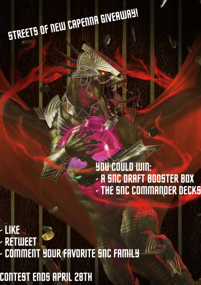 drawforturn's tweet image. 💥STREETS OF NEW CAPENNA GIVE-AWAY💥

THE PRIZES:

- 1 Draft Booster Box
- 1 of 5 Commander Preconstructed decks

TO ENTER:

✅ Follow us and 
@tComicBookStore
 
✅ Retweet
✅ Comment what New Capenna family you would join and why

Winners Chosen April 28th!