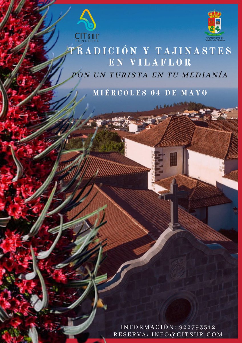 Conoce la historia del reconocido pueblo de Vilaflor de Chasna y el florecimiento de nuestros maravillosos y tradicionales tajinastes.
Visita en inglés y español. 
Fecha: miércoles 04 de mayo.
Transporte incluido.
Plazas limitadas.
Inscripción al info@citsur.com
Info: 922793312