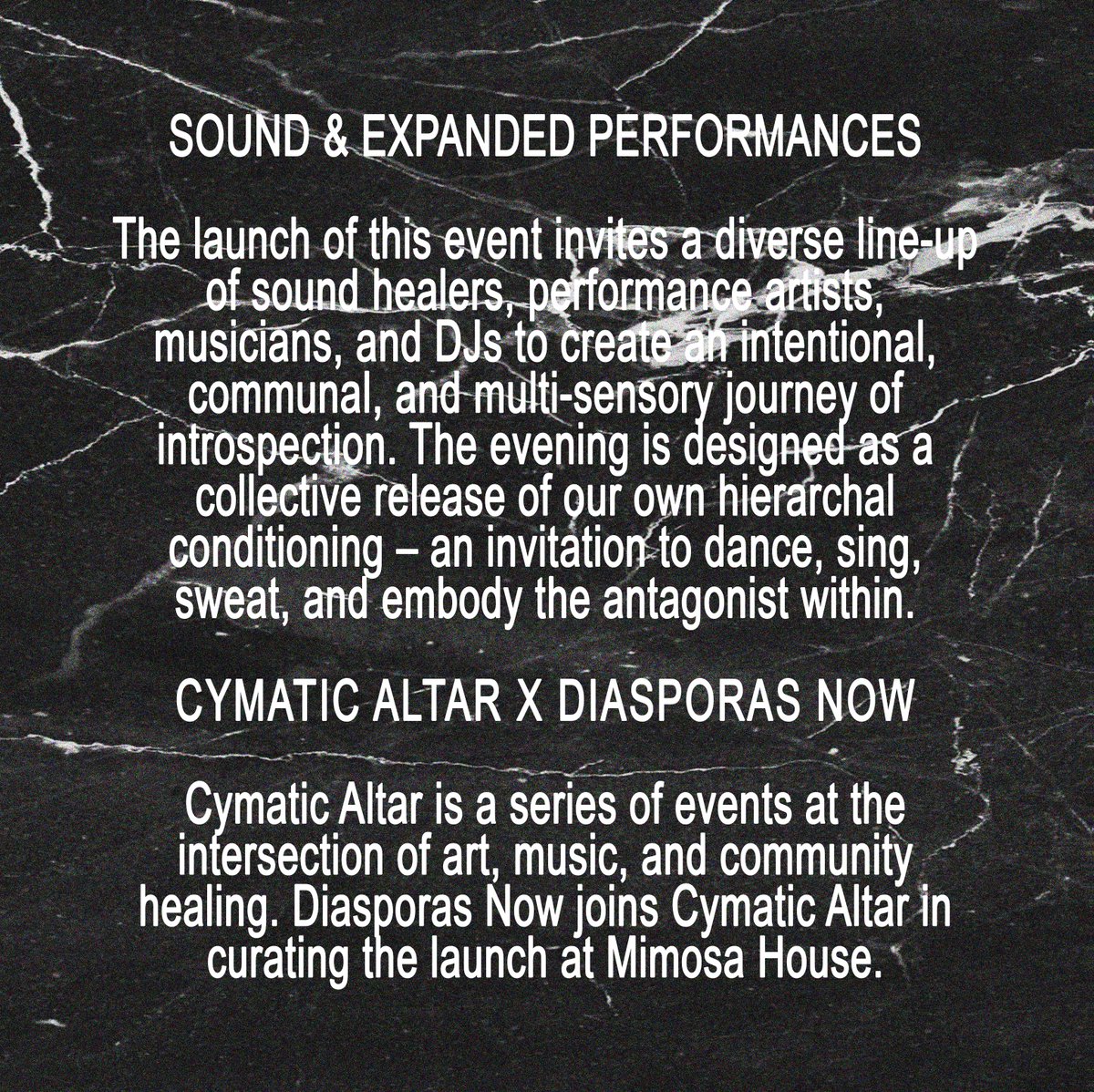 Mimosa House (@mimosahouse) on Twitter photo @cymatic_altar launches on 5 May at Mimosa House in partnership with <a href="/diasporas_now/">diasporas_now</a> a platform for expanded performance by artists from non-Western backgrounds.
Book your tickets here: mimosahouse.co.uk/upcoming-event… @cymatic_altar launches on 5 May at Mimosa House in partnership with <a href="/diasporas_now/">diasporas_now</a> a platform for expanded performance by artists from non-Western backgrounds.
Book your tickets here: mimosahouse.co.uk/upcoming-event…