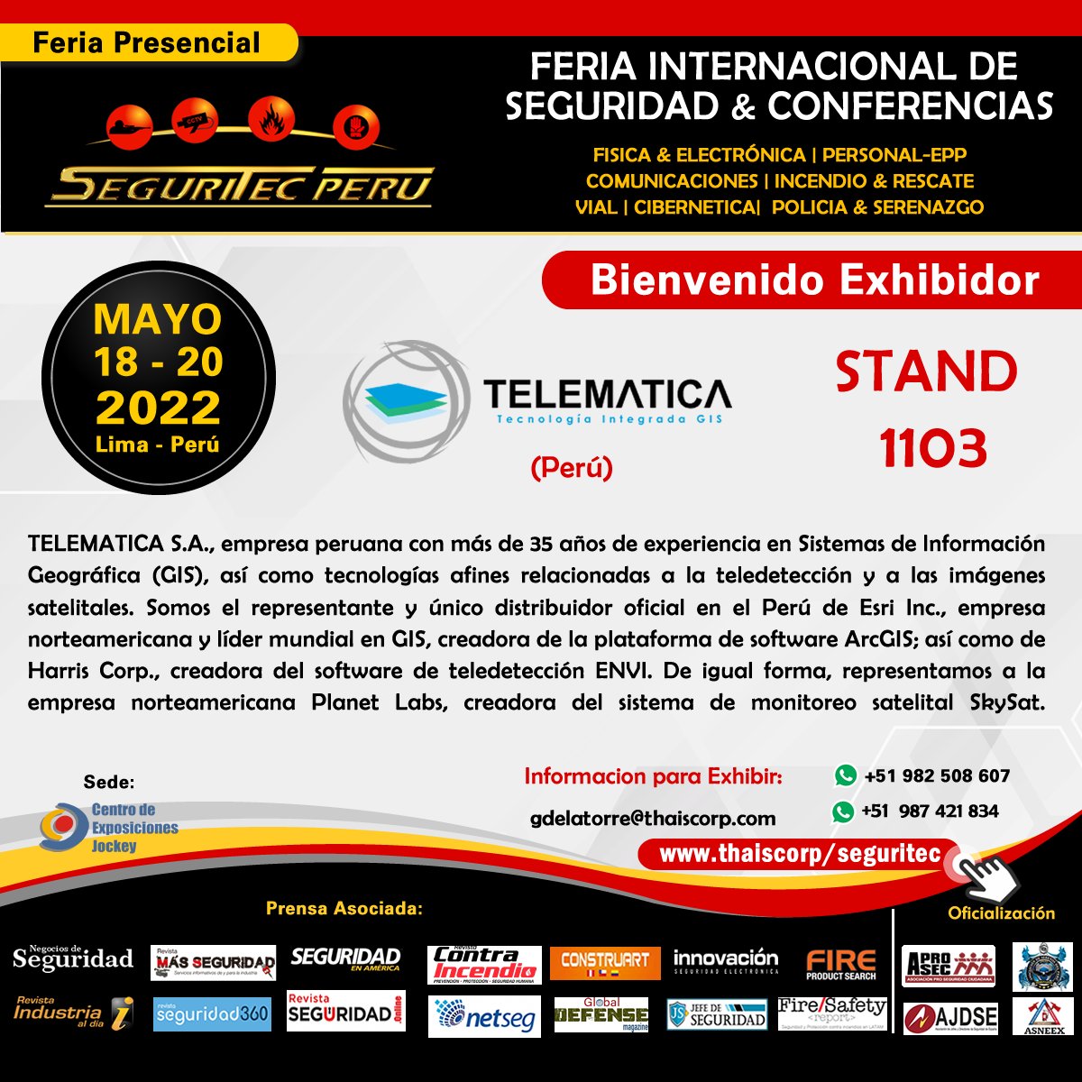 #TELEMATICA estará presente en la Feria Seguritec Peru 2022. Visítelos en el stand #1103 y conozca sus soluciones en tecnología geoespacial.

#seguridad #telecomunicaciones #comunicaciones #electrónica #videovigilancia #telematica #gobierno #municipalidad