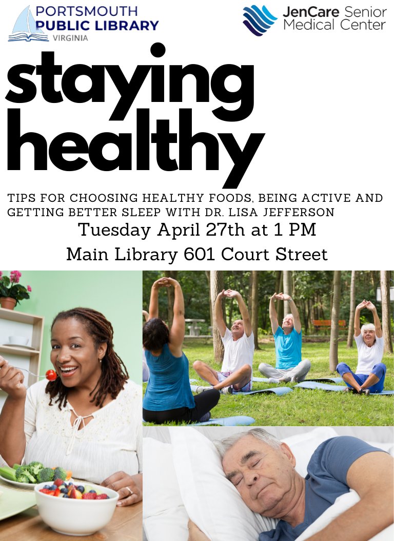 Join us on Tuesday at Main Library for a session with Dr. Lisa Jefferson of JenCare all about staying healthy!