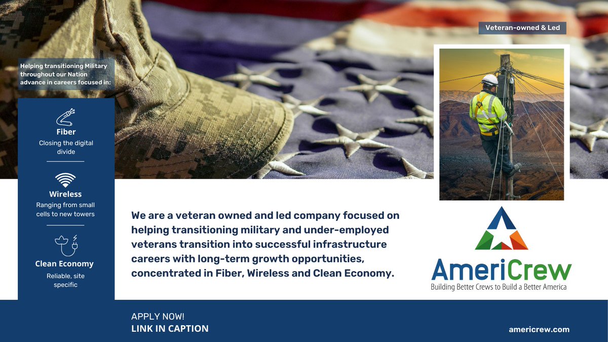 Helping our #transitioningmilitary earn certifications, gain education and on the job training to enhance their career in three main verticals: fiber, wireless &amp; clean economy, through our Veteran Workforce Development Program. 

To #applynow click here: recruit.hirebridge.com/v3/CareerCente…