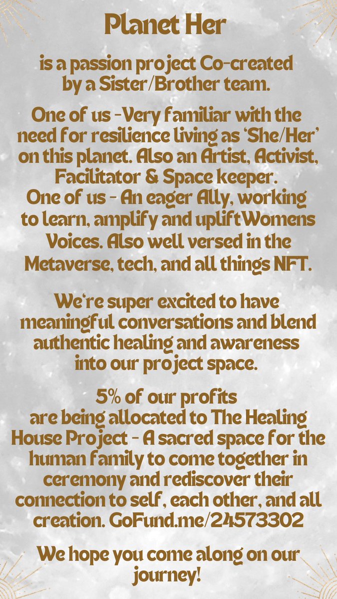 Planet Her is coming! 
💜Discord opening soon! 
💜Read what inspires our project!
💜Small batch NFT’s with Redeemable physical traits!!!
#nft #nftwomen #NFTCommmunity #NFTProject