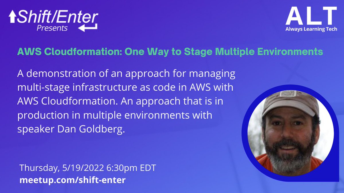 ShiftEnterVA's tweet photo. Join Dan Goldberg Thursday May 19th at 6:30pm ET for a demonstration of an approach for managing multi-stage infrastructure as code in AWS with AWS Cloudformation. Sign up: https://t.co/W3C9hseYjN
” AWS Cloudformation: One Way to Stage Multiple Environments” is our May ALT talk! https://t.co/VcSTd0atrF