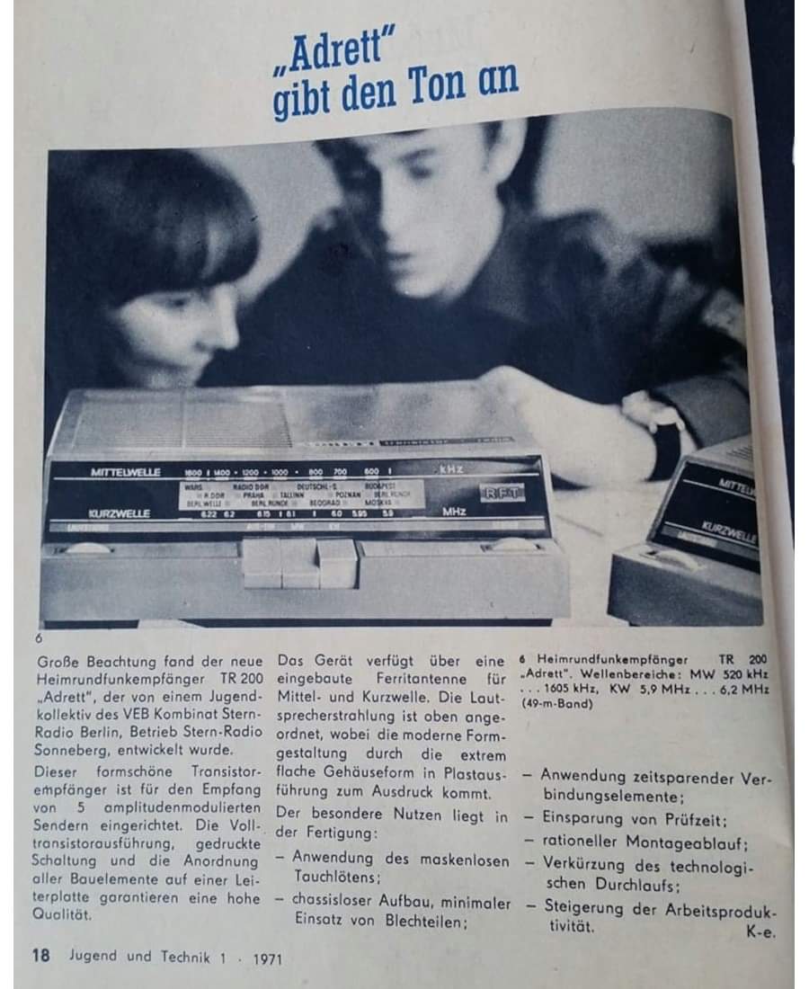 DDR_Reklame's tweet photo. Der Rundfunkempfänger "Adrett" wurde 1970/71 vom VEB Stern-Radio Sonneberg produziert und kostete 210 Mark.
#Radio #Rundfunkempfänger #Adrett #TR200 #RFT #VEB #SternRadio #Sonneberg #DDR #GDR #Ostalgie #EastGermany https://t.co/gE8Rykh1ZE