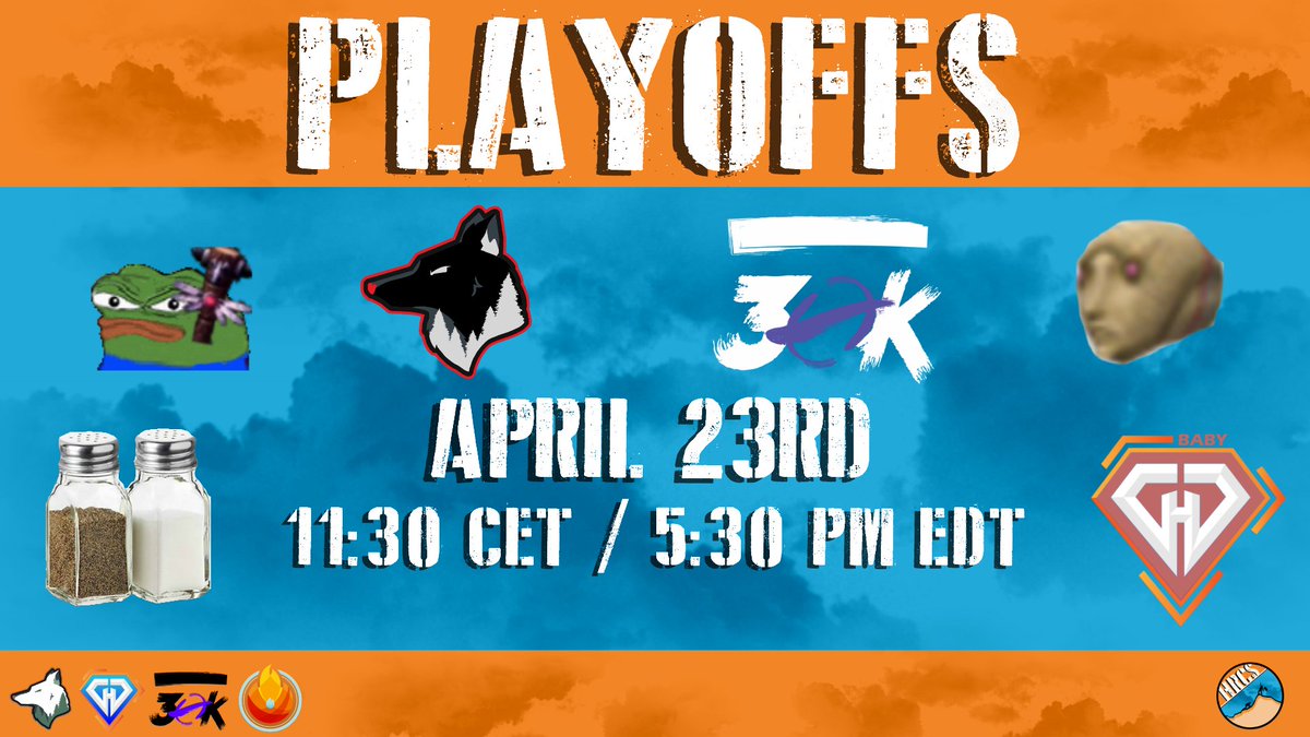 Playoffs kick off at 5:30PM EDT tomorrow!

🔶 Upper Bracket Semi-Finals:
🔷 pepeSmack vs <a href="/WildHeartEsport/">WildHeart Esports</a> Omega
🔷 ManChickens vs <a href="/30korg/">30K</a> Violet

🔶 1st Round Lower Bracket: TBD
🔷 Salt and Pepper HOTS
🔷 Baby <a href="/diamondhandsorg/">Diamond Hands</a>

🎙️ Casters: <a href="/GOONGGWP/">SOTO 🇵🇷</a> &amp; <a href="/JazzaleneGames/">Jazzalene</a>
