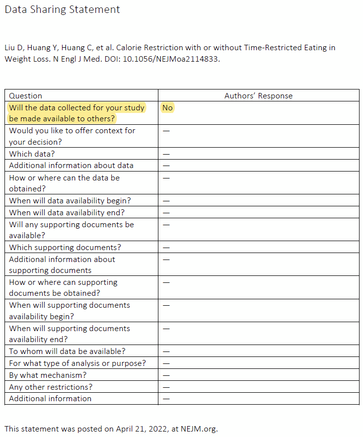SatchinPanda's tweet photo. We will not see the real data in this #TRE paper. Because #NEJM allowed the authors not share any data. Terrible data sharing policy at #NEJM. 
https://t.co/8sAE44vO7P https://t.co/i5s66EFobT