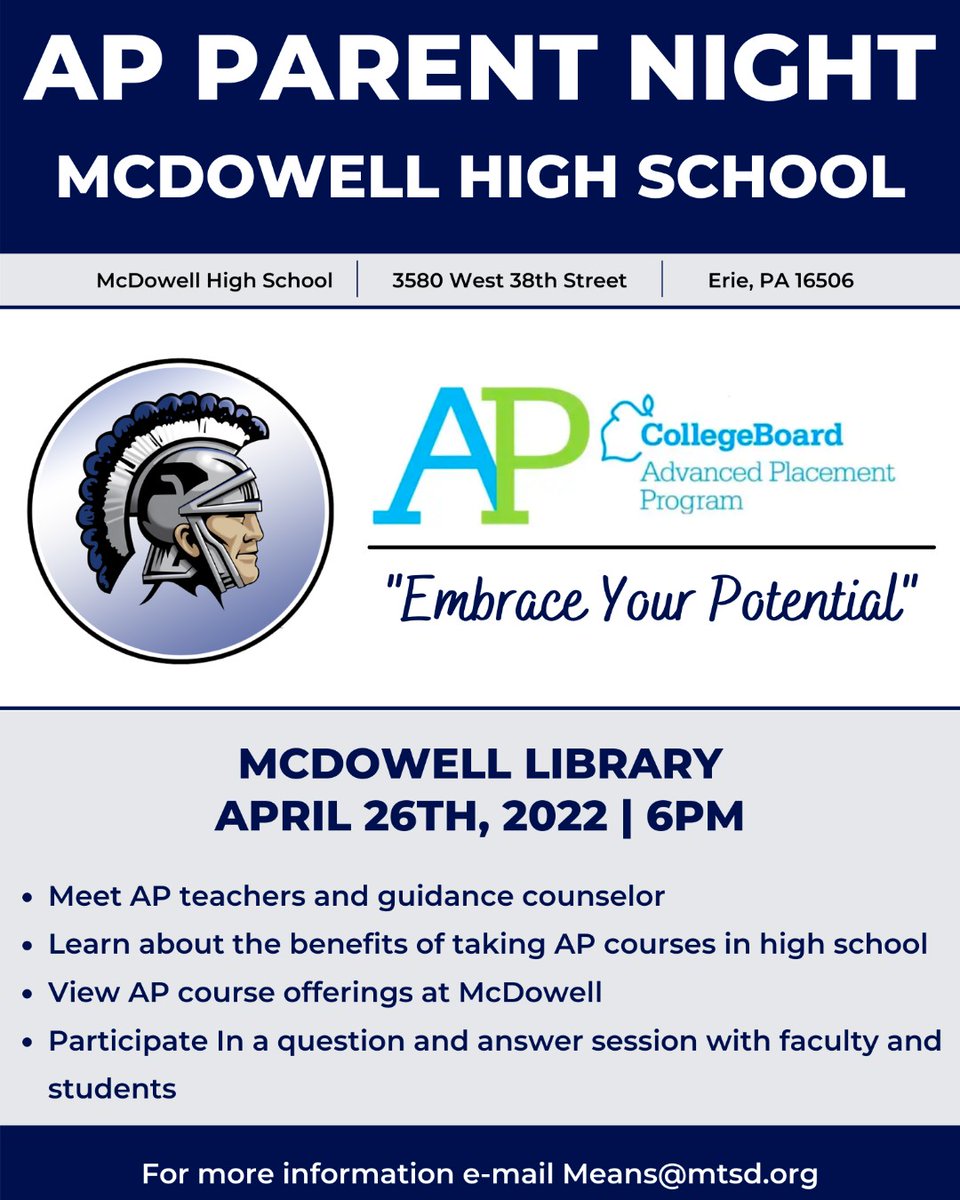 MillcreekSD's tweet image. Have you heard? McDowell is hosting an AP Parent Night next week! #MillcreekStrong #APclasses #education