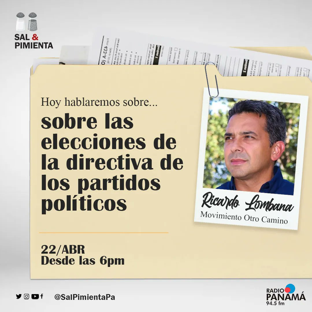 Hoy hablaremos con Ricardo Lombana, del Movimiento Otro Camino, sobre las elecciones de la directiva de los partidos políticos y su importancia. Desde las 6:00 pm, por <a href="/radiopanama/">Radio Panamá</a>, con <a href="/aplanells/">Annette Planells</a>, <a href="/marielaeledezma/">Mariela Ledezma</a> y <a href="/emartineztv/">Eric Martinez</a>
#OtroCamino #elecciones2024 #partidospolíticos