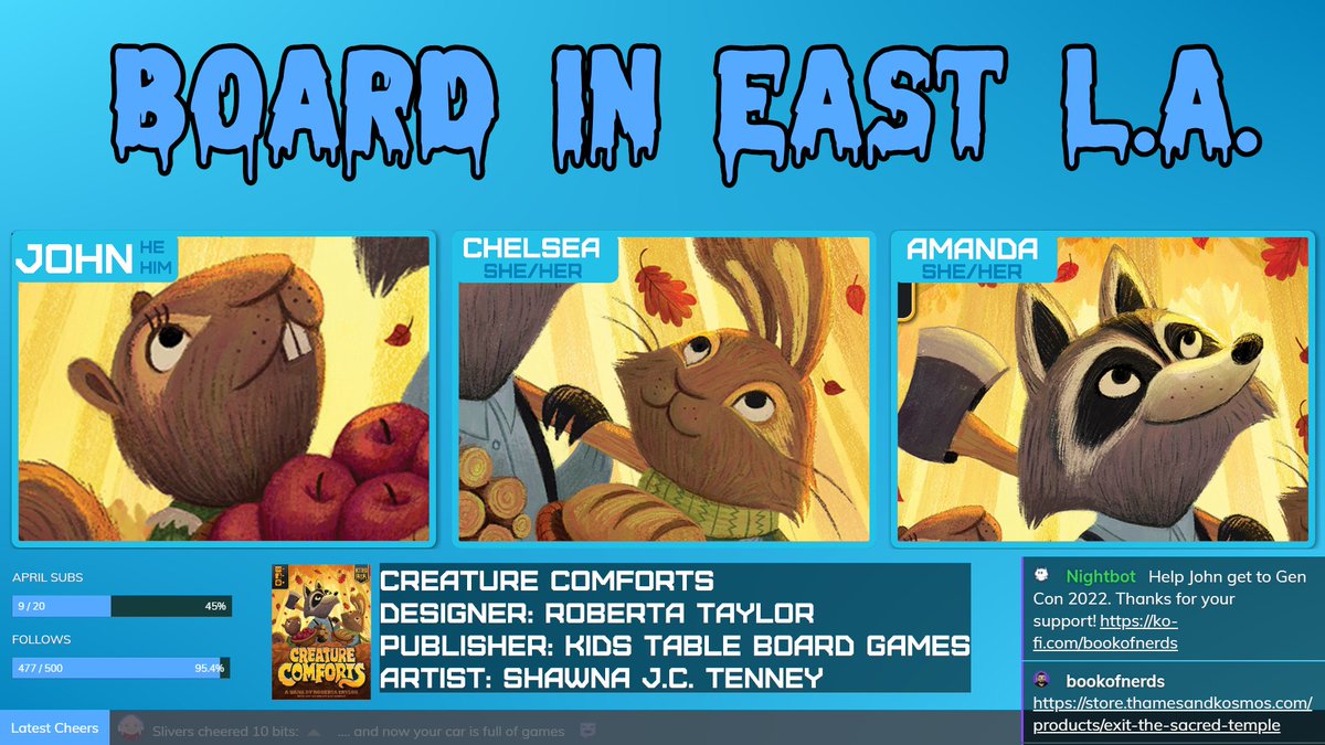 Join <a href="/bookofnerds/">John Gonzalez</a> <a href="/Panda8ngel/">Amanda Panda 🐼 😴</a> and their special guest @chelsea_siaca for the continuation of their live playthrough of Creature Comforts from @kidstablebg Stream starts at 12pm PDT