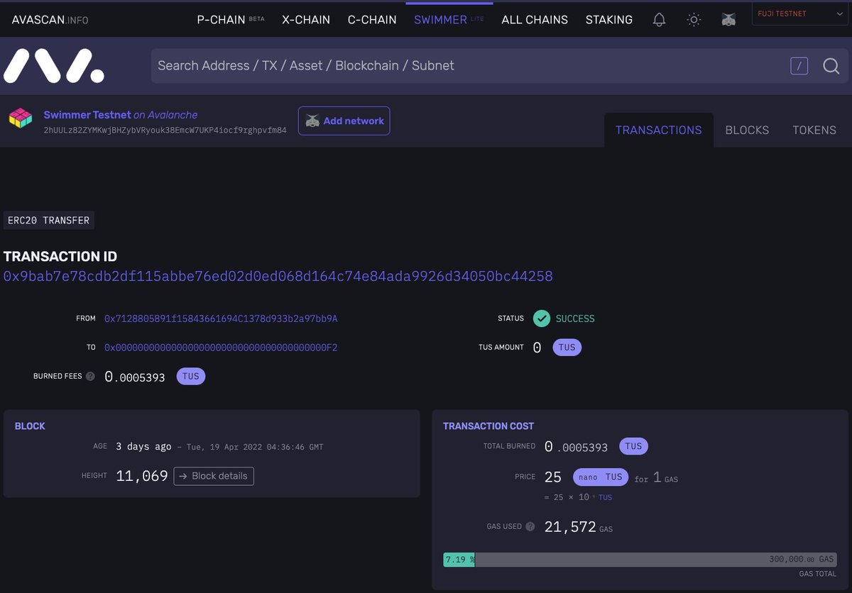 AvascanExplorer's tweet photo. Full #Avalanche subnet support at FULL speed on Avascan: announcing testnet subnets indexing, starting with the Swimmer Network! 

@swimmer_network ⚡️

You can views TX here: 

https://t.co/0GjnwyTQGF

#AVAX #swimmerNetwork https://t.co/47C2pE3zWS