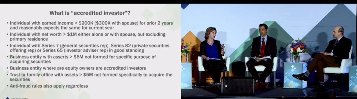NovogradacNews's tweet photo. Panelists on the "Rules, Regulations and Your QOF" panel at #NovocoOZ discuss various regulatory provisions, including the definition of "accredited investor." https://t.co/lFg718WvSg