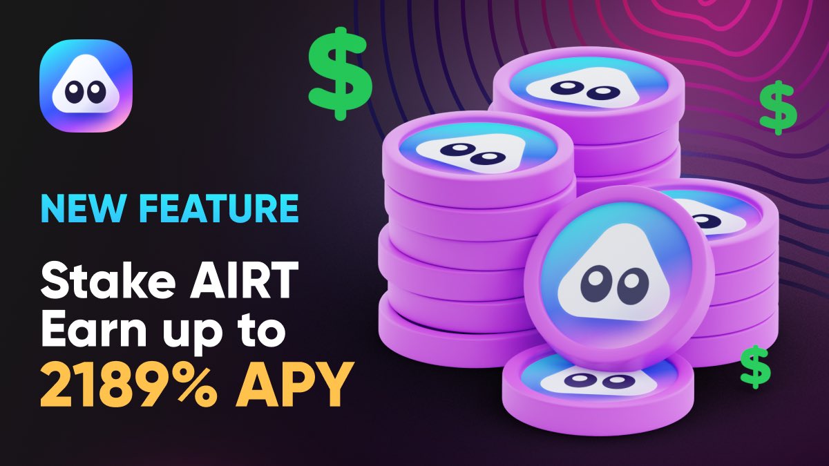 airnfts's tweet photo. Are you $airt hodler? If so we got amazing news for you.

👉 start earning up to 2189% apy with airt💰
👉 get started here https://t.co/VgZ5V4rJiM. 

#nftcollectors #nfts #nft #nftartists #nftcollector #nftart #cryptoart #opensea #AirtLaunchpad #nftlaunchpad #nftgiveaway https://t.co/obyzAJ6pFe