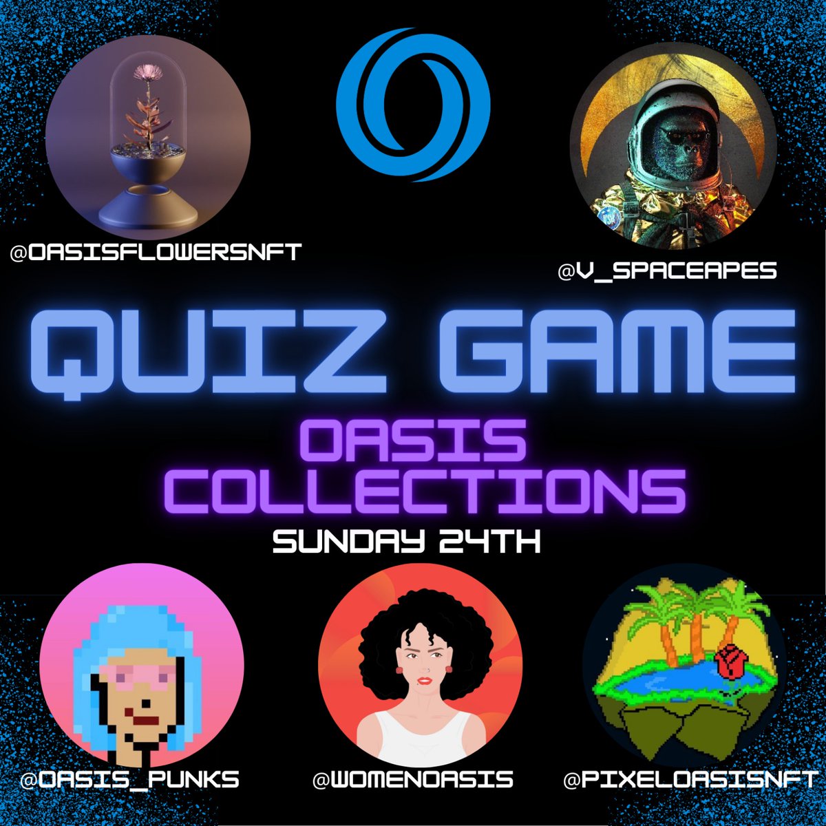 1/2
We would like to announce that this Sunday at 15:00 UTC we will be hosting our quiz game on Discord💜

We are delighted that the guest collections for this weekend will be💃:

- @oasis_punks
- @PixelOasisNFT
- @OasisFlowersNFT
- @V_SpaceApes

Keep reading for prizes 👀

#ROSE