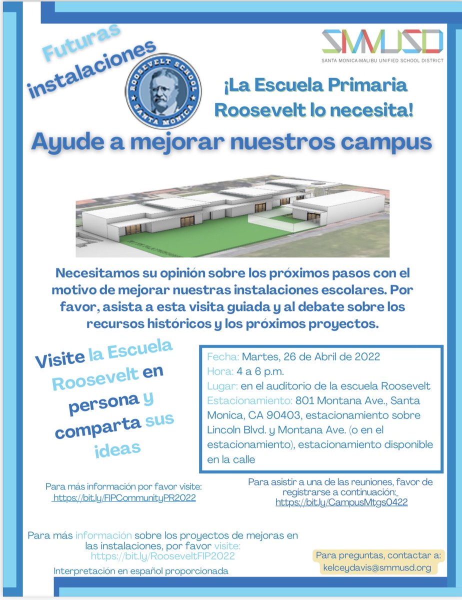 SmmusdC's tweet photo. Come tour Roosevelt ES and share your thoughts on what we have planned! #construction #smmusd #education #community #communitymeeting #futurefacility https://t.co/x5HmIXW43B