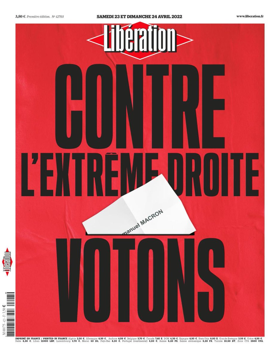 À la une de @Libe ce week-end : 🔴 Contre l'extrême droite : votons journal.liberation.fr #Présidentielle2022