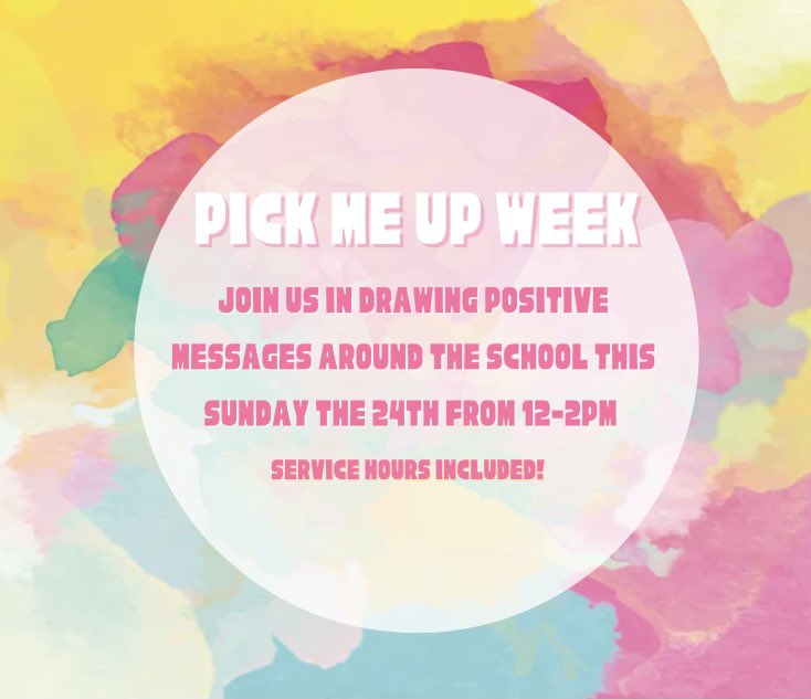 Help us draw positive messages in chalk this Sunday! Next week is Pick me Up week! Come join us from 12-2PM