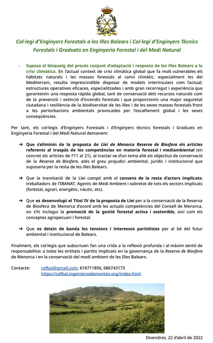 ColEngForestals's tweet photo. Els col•legis d'Enginyers Forestals de Balears denuncien que la proposta de Llei de Reserva de la Biosfera de Menorca dinamita l'administració ambiental de les Illes Balears
@F_Armengol
@jpyllanes
@ppbalears
@EPBaleares
@PSOEMenorca
@vidalmatas14
@SERmallorca
@IB3noticies https://t.co/JhF8lXUPw6