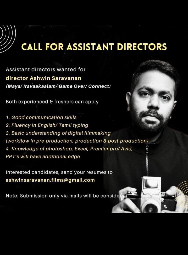 gounder_ramya's tweet photo. #Wanted Assistant Directors
#artistsontwitter #director
#directors #filmmaking
#Films #filmsforever https://t.co/tNiYd6lDFI
