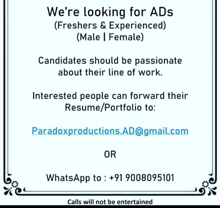 gounder_ramya's tweet photo. #Call for Direction Team
#looking for AD's
#DIRECT2022 #director
#filmmaking #films #artist
#artistfortwitter https://t.co/wUrHK16gvr