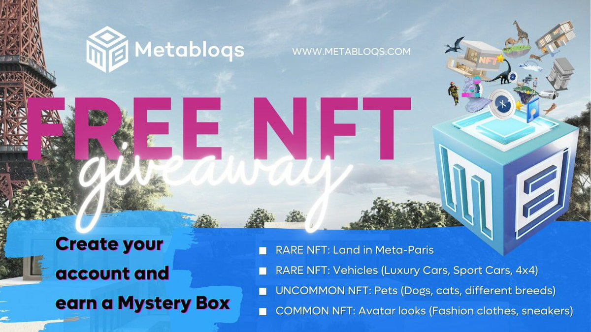 🚨 Airdrop: METABLOQS Free NFT
🔥 Total Reward: 50K NFTs And Upto $25k In $XDC Tokens
🤑 Refer: N/A
🛃 Website: metabloqs.com
📛 Winners : All Valid Participants
🤖 Airdrop Link : metabloqs.com