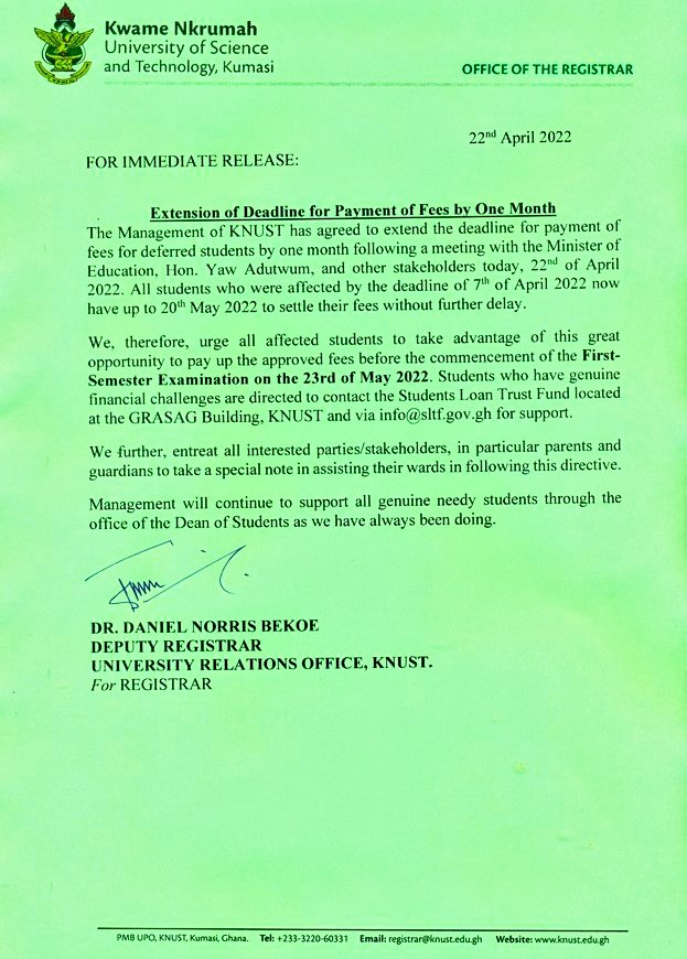 ajfilla_'s tweet photo. 📌JUST IN; Following the Stakeholders meeting between the SRC, the University Management, and the Minister of Education today, the deadline for payment of fees has been extended to May 20, 2022. 1/2 #KNUST #Src #Students  #ContiAgainstDeferrals https://t.co/KXe5OBmZki