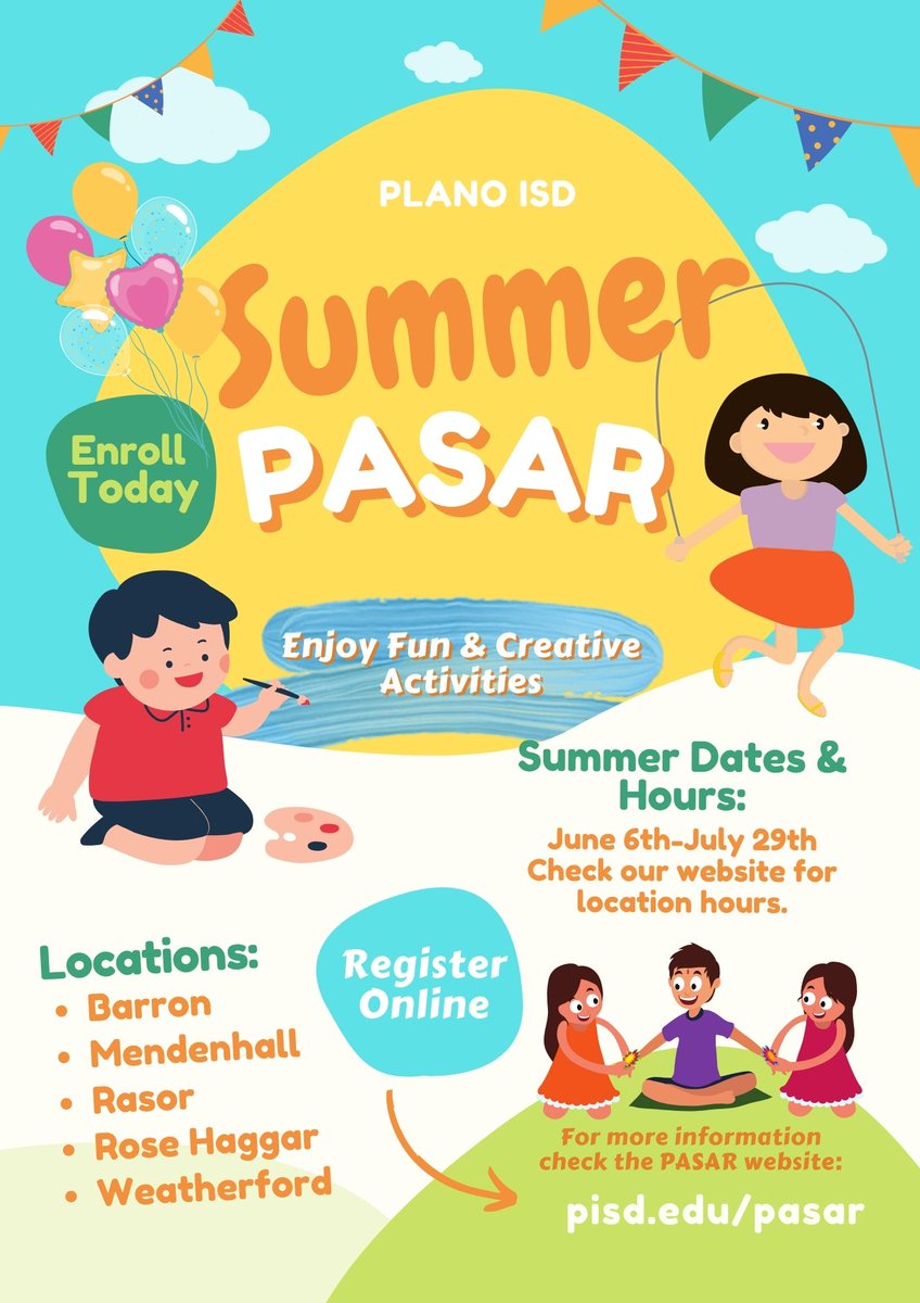 Summer PASAR wants YOU! Don't miss out on any of the FUN! Sign up TODAY! <a href="/PlanoParksRec/">Plano Parks & Rec</a> <a href="/PlanoWestRotary/">Plano West Rotary</a> <a href="/planorotaryclub/">Plano Rotary Club</a> <a href="/PrincipalEwing/">Steven Ewing</a>  <a href="/stacie_burk/">Stacie Burk</a> <a href="/PAABSE_/">PAABSE</a>
