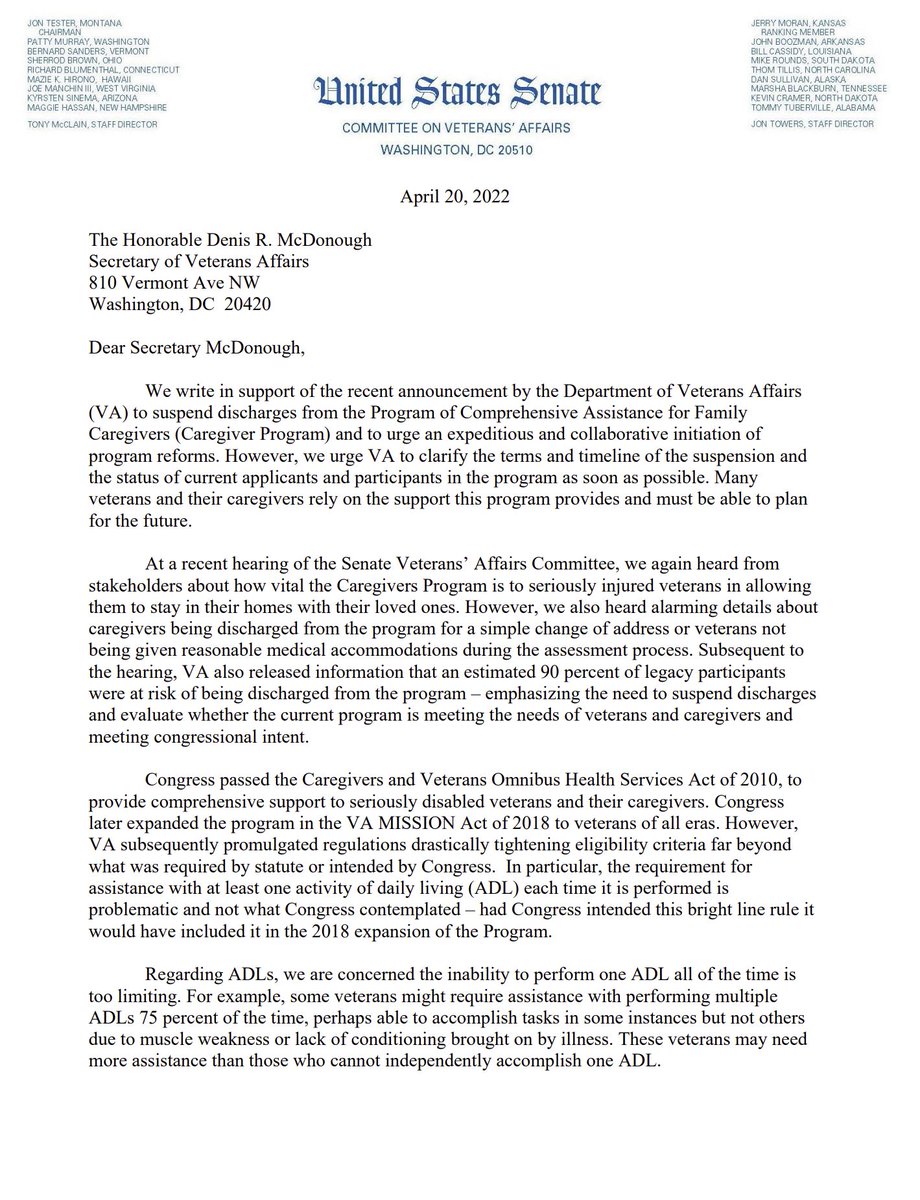 VetWarriors's tweet image. @SenatorTester and @JerryMoran's 4/20/22 letter to VA:
-provide #CaregiverProgram reform timeline
-align with intent of Congress
-transparency
-clarification
-streamline process
-listen to/incorporate feedback from all stakeholders
#PCAFC #veterans #caregivers #veterancaregivers