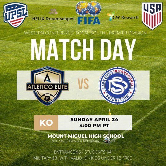 New Kickoff time v. <a href="/SDInterFC/">San Diego Internacional FC</a> 
4 pm Sunday April 24th. 
<a href="/UPSLsoccer/">UPSL</a>