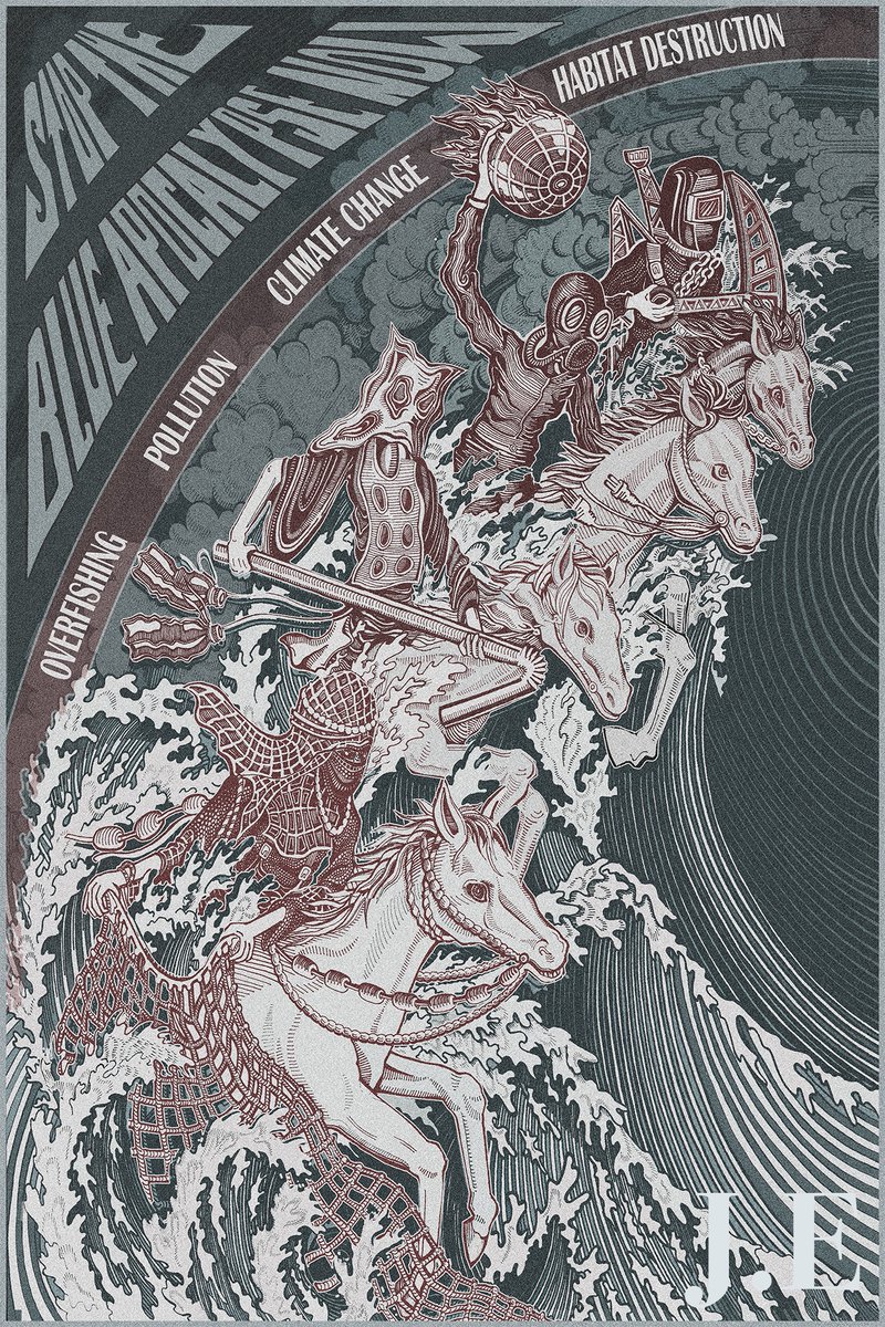 #Earthday2022: inspired by the iconic woodcut from Albrecht Dürer, titled “The four horsemen of the apocalypse” adapted to the current plight of the ocean, threatened by the four pronged anthropogenic attack of #overfishing, #pollution, #climatechange and #habitatdestruction.