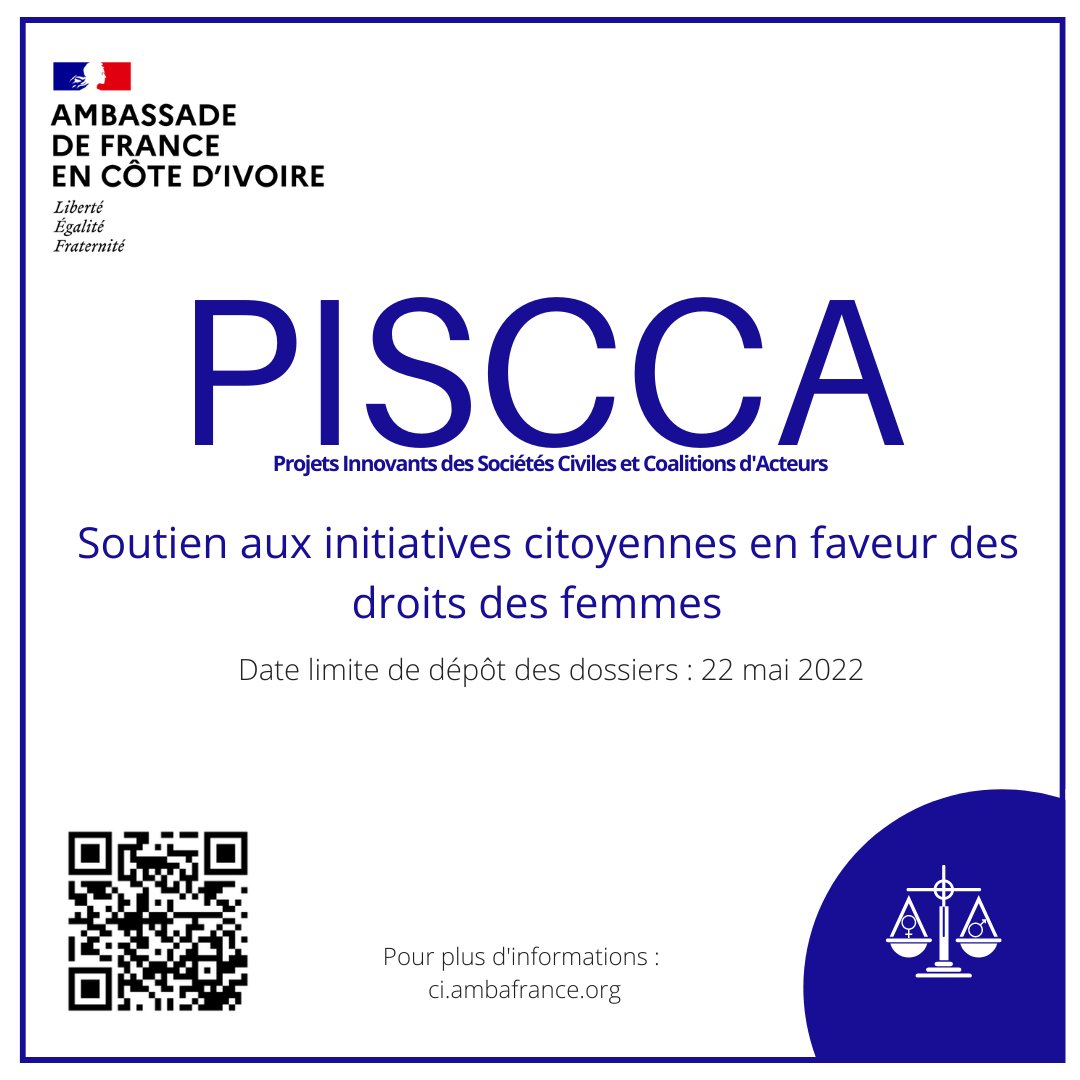 FranceCIV's tweet image. 🔔I Lancement de l&apos;Appel à Projets PISCCA I 

Le 8 mars 2022, nous annoncions le lancement d&apos;un fonds de soutien aux initiatives pour la promotion des droits des femmes 🇨🇮. 

L&apos;Appel à Projet #PISCCA est lancé ! 

(Suivez-nous sur Facebook et Instagram ! 
swll.to/Suiveznous)