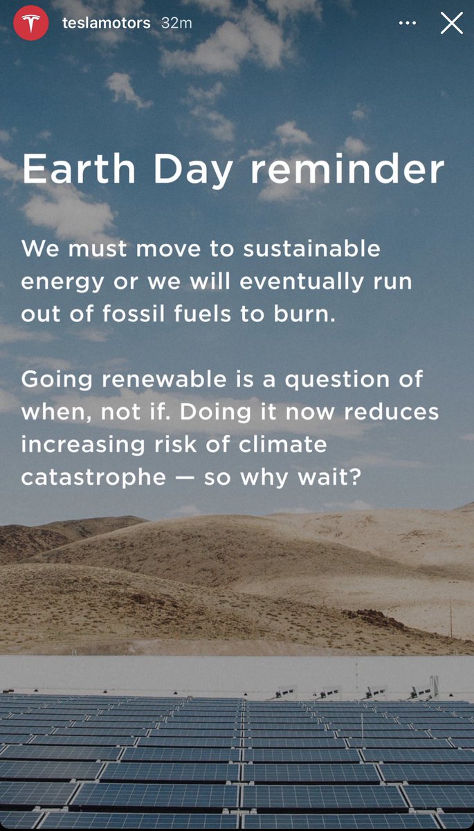 NEWS: <a href="/Tesla/">Tesla</a> has published a new Instagram post for Earth Day.

“We must move to sustainable
energy or we will eventually run
out of fossil fuels to burn.

Going renewable is a question of
when, not if. Doing it now reduces
increasing risk of climate
catastrophe - so why wait?”