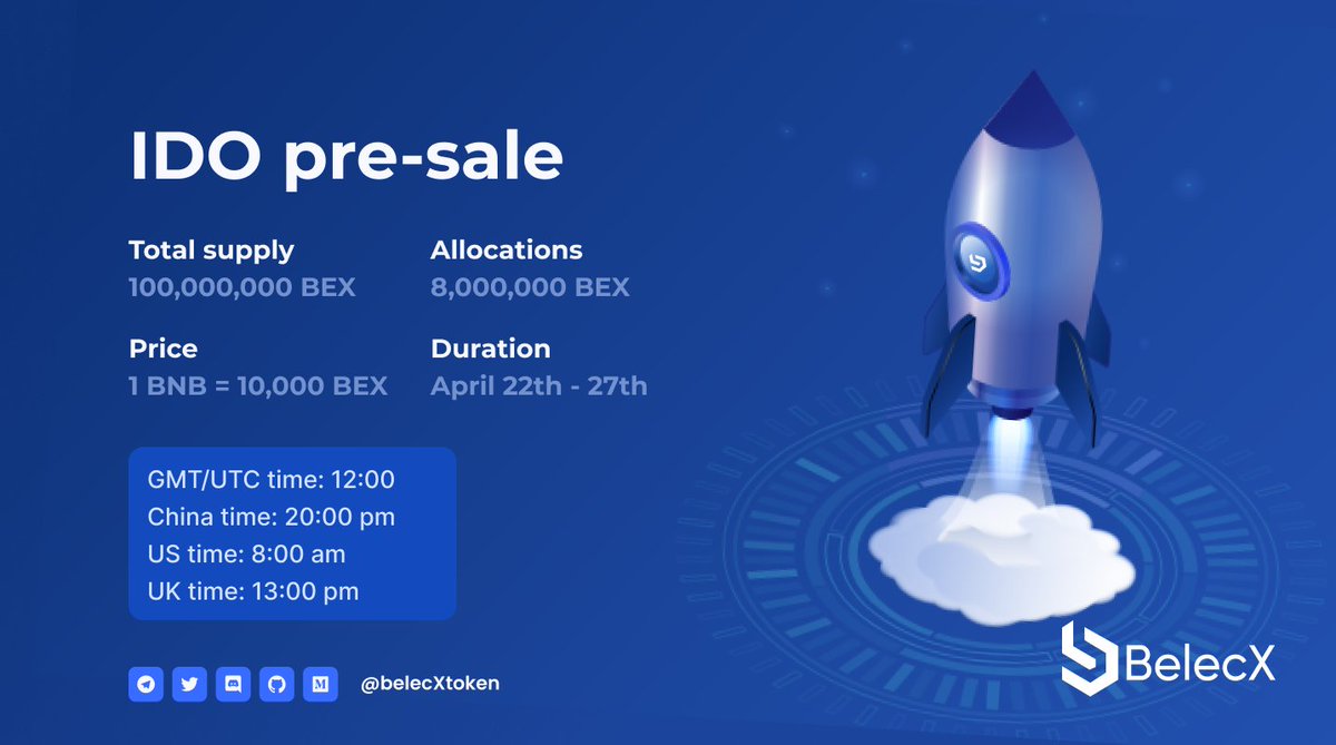 BelecX (@belecxtoken) on Twitter photo π $BEX IDO IS LIVE π€π€πΈβ¨
From April 22 to 27, 2022 β²οΈβ²οΈ
IDO Link : belecx.com/#/IDO/index
π Allocations: 18,000,000 BEX π
π Price - 1 BNB = 10,000 BEX
π Platform Launches: After Pre-sale ππ
π Listing price 1 BNB = 5,000 BEX.π€π€
#presale #NFTCommunity #NFTs π $BEX IDO IS LIVE π€π€πΈβ¨
From April 22 to 27, 2022 β²οΈβ²οΈ
IDO Link : belecx.com/#/IDO/index
π Allocations: 18,000,000 BEX π
π Price - 1 BNB = 10,000 BEX
π Platform Launches: After Pre-sale ππ
π Listing price 1 BNB = 5,000 BEX.π€π€
#presale #NFTCommunity #NFTs