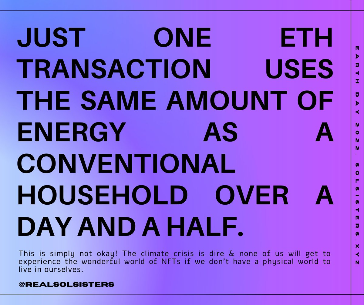 Happy #EarthDay 🌎Today is especially important to us bc it is our primary mission to drive awareness on the environmental dangers of the NFT/crypto space &amp; uplift the solutions, like simply opting for #solana over a POW blockchain, to do our part to make for a greener tomorrow💚