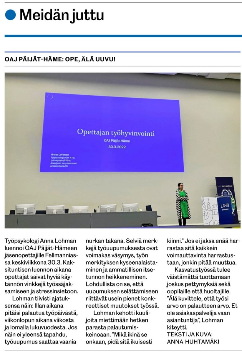 oajph's tweet photo. Opettajien uupumus on todellisuutta ja huolestuttava asia. @oajph järjesti jäsenilleen työpsykokologi @AnnaLohman hyvinvointiluennon. Haluamme osaltamme pitää huolta jäsentemme hyvinvoinnista! @sara_simberg @teija_golnick @sari_melkko @oajry https://t.co/7vBJpHX9Os