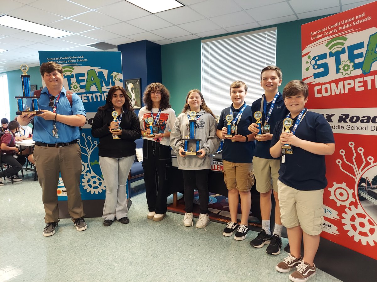 collierschools's tweet photo. Congratulations to all our middle schools that participated in the Vex Robotics Road Trip competition. The final results:
1st place - Gulfview Middle
2nd place - Oakridge Middle
3rd place - Corkscrew Middle https://t.co/8e3o49ydQd