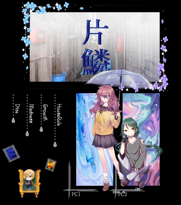 CoC「片鱗」
◆KP
青汁珈琲さん

◆PC/PL
HO1:幽良木 凪/裏葉
HO2:亜月 梟夜/餅。さん

ENDB-2
________________

これが片鱗かあ……片鱗吸っちゃった!
おつかれさまでした!ありがとうございました～! 