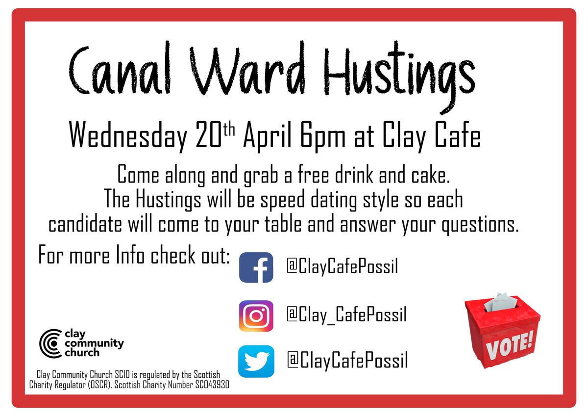 We’re hosting a hustings in the Clay Cafe on 20/4/22 at 6pm. Come along for a free drink &amp; cake and a chance to ask questions to the candidates. Confirmed so far @BrianLand4Canal @Rmooney11mooney Scott Simpson Martin Lawson Olu-Osage