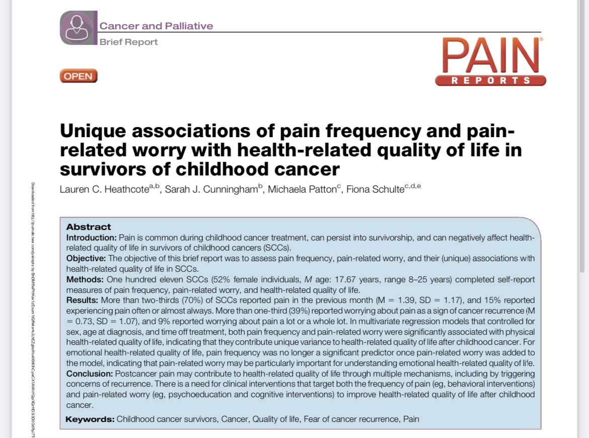 Our latest paper is #openaccess in <a href="/PainReportsOPEN/">PAIN Reports</a>. #Worry about pain as a sign of cancer recurrence contributed unique variance to HRQoL for childhood #cancersurvivors. #Pain after cancer is unique; we need tailored txs that address the meaning of pain journals.lww.com/painrpts/Fullt…